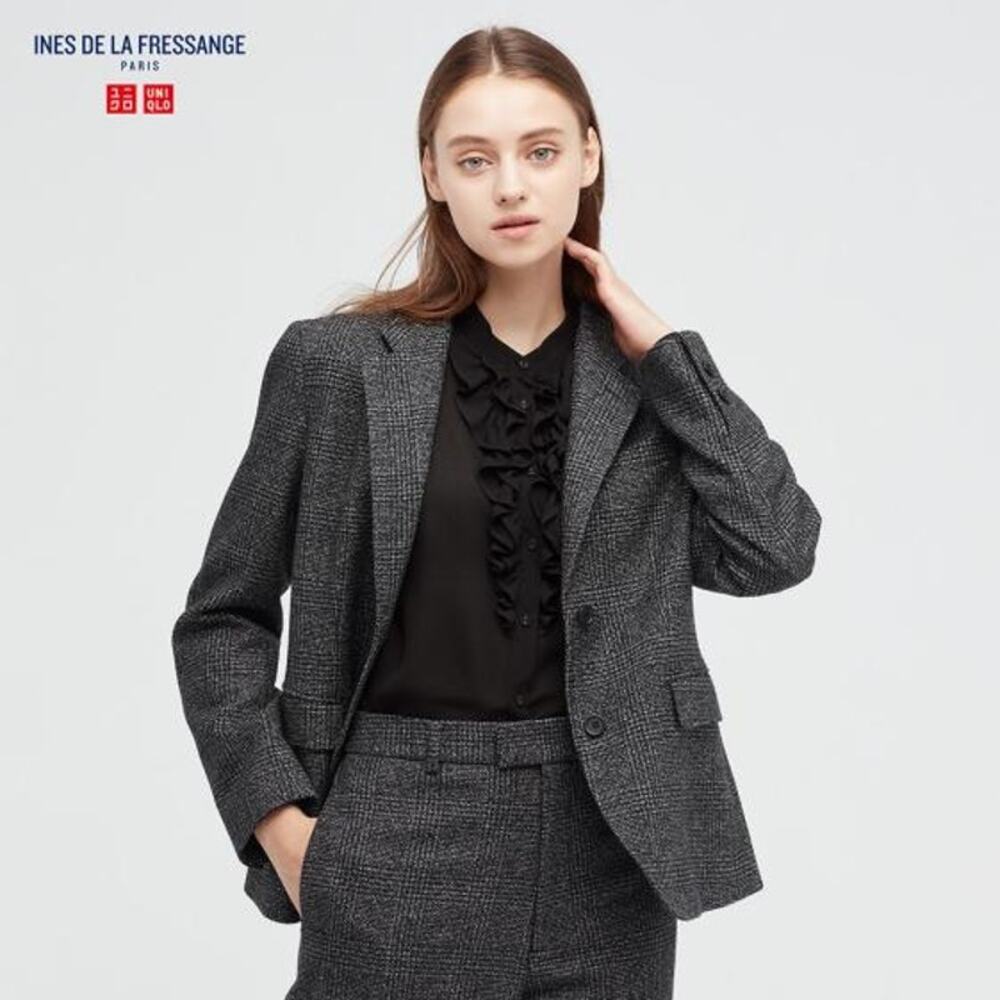 Uniqlo x Ines De La Fressange Tweed Plaid Blazer Wool Coquette Dark Gray S $130 - Picture 1 of 9